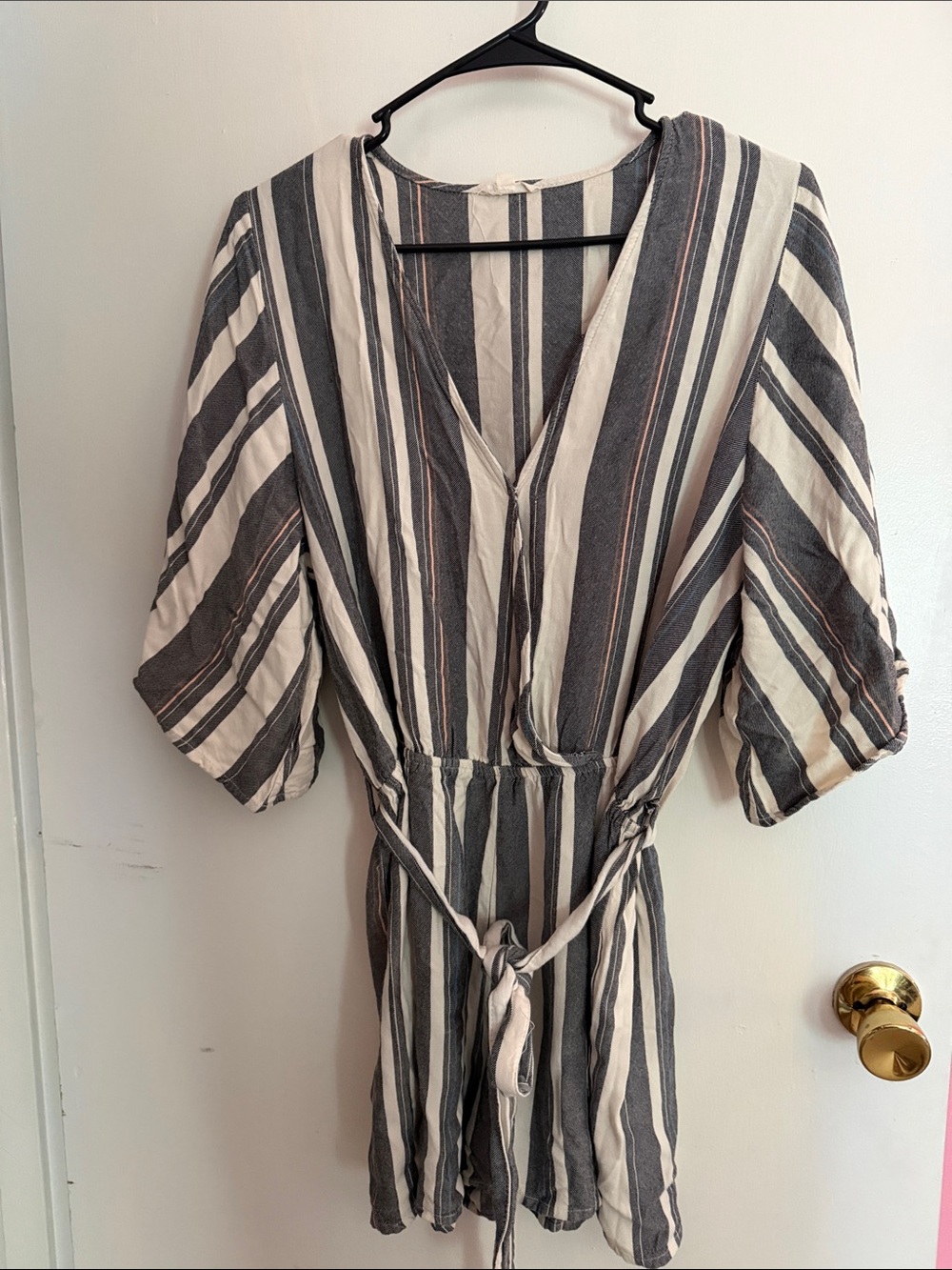 Rebellion Striped V-Neck Jumpsuit in Cream and Gray